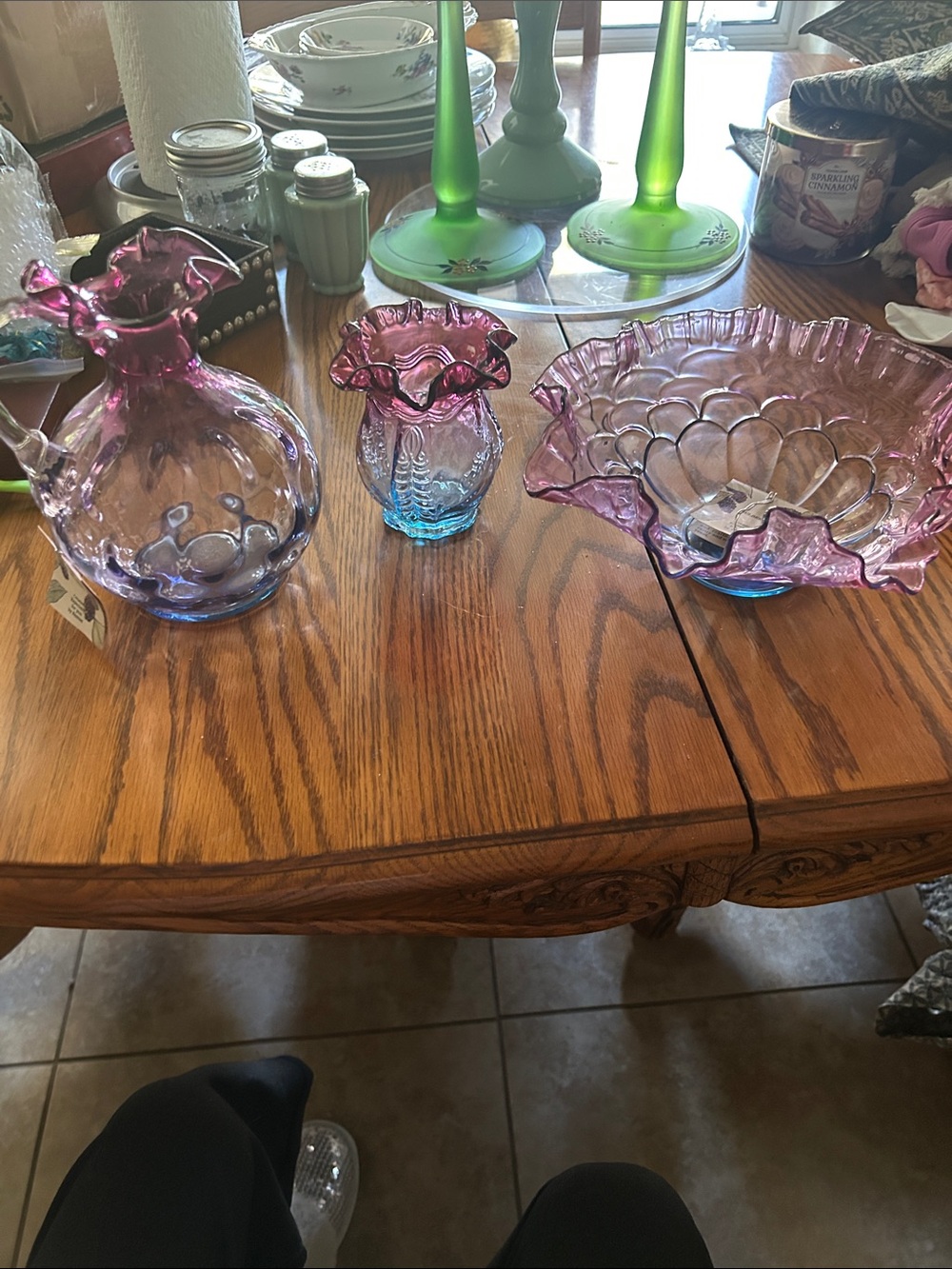 Fenton Pink to Blue Iridescent Glass Pitcher Vase Bowl Trio Mulberry collection